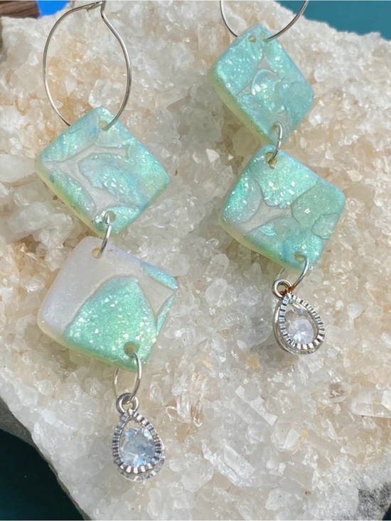 Handmade Jewelry - Handmade Polymer Clay Mint Green Dangle Earrings with Teardrop Charm